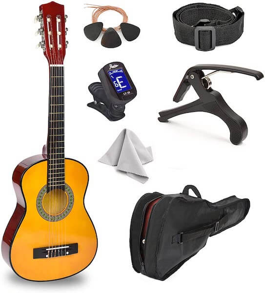 A Master Play 30" guitar, 3 picks, spare steel strings, a strap shoulder, a capo, a tuner, a gig bag and a microfibre cloth