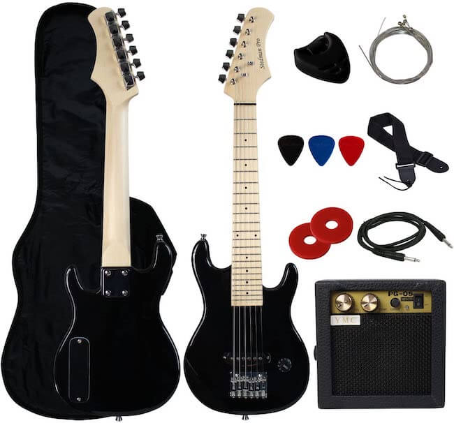 A YMC 30" Electric Guitar with 5-Watt Amp, gig bag, strap, cable, spare strings, and 3 picks