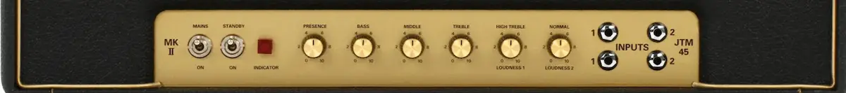 All the controls for the Marshall JTM45 2245 30-watt Plexi Tube Head