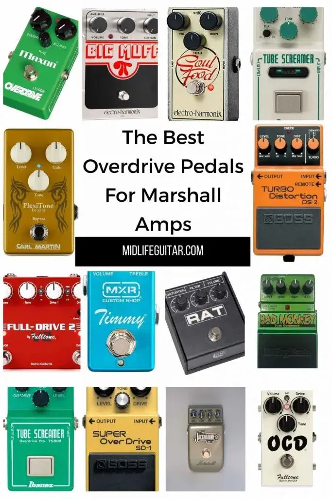 15 Best Overdrive Pedals For Marshall Amps including Pro Co RAT2, MXR M104 Distortion+, MXR Timmy Overdrive, Carl Martin Plexitone, Marshall JH-1 Jackhammer, Fulltone Full-Drive 2, DigiTech DBM Bad Monkey Tube, Fulltone OCD, Ibanez NTS Nu Tubescreamer, Maxon Reissue Series OD808, Ibanez TS808, BOSS SD-1, BOSS DS-2, Electro-Harmonix Soul Food, BOSS Blues Driver